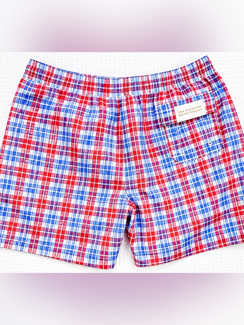 Beaufort Bonnet Co. Toddy Swim Trunks - Red, Blue, White Plaid lawn party plaid